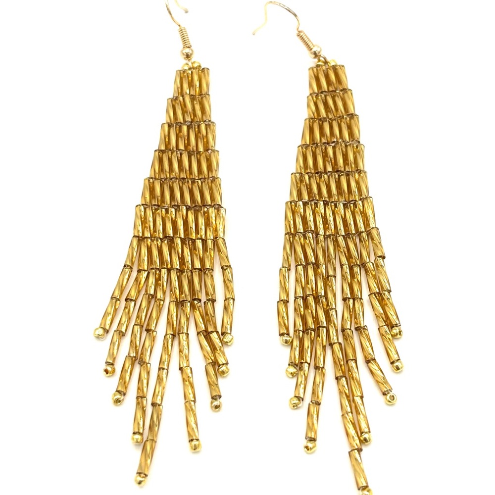 Hand Crafted Gold Fringe Dangle Earrings - Picture 5 of 7